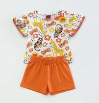 Conjunto Infantil Kyly Blusa Branca Estampada Animais da Selva com Shorts Laranja Algodão Confortável Moda Kids Verão