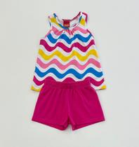 Conjunto Infantil Kyly Blusa Ondas Coloridas e Shorts Pink Conforto Premium