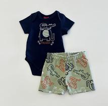Conjunto Infantil Kyly Body Azul Marinho Estampa Friends com Shorts Verde Animais Algodão Confortável Moda Baby Verão