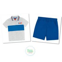 Conjunto Infantil Kyly Camisa Polo Algodão Bermuda Moletom Leve Mescla White/Azul