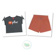 Conjunto Infantil Kyly Cropped Cotton Short Moletinho Leve Mescla Escuro/Laranja