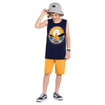 Conjunto Infantil Kyly Regata Algodão Bermuda Moletom Leve Marinho/Amarelo