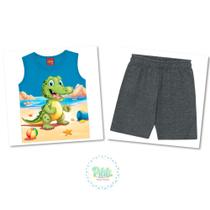 Conjunto Infantil Kyly Regata Algodão Estampa Dinossauro Bermuda Moletom Leve Azul/Mescla Escuro