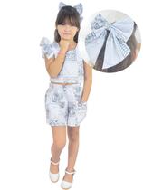 Conjunto Infantil Livros para Colorir Branco - Blusa e Short e Enfeite de Cabelo