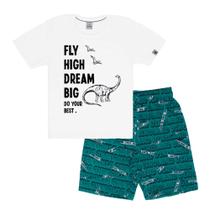 Conjunto infantil m/c abrange dinoland camiseta meia malha + bermuda tactel