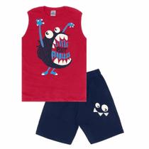 Conjunto infantil m/c abrange monstro regata meia malha flamê + bermuda moletom
