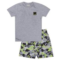 Conjunto infantil m/c cata vento camiseta meia malha + bermuda molecottom camuflada