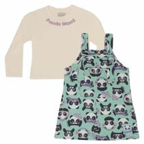 Conjunto infantil m/l cata vento salopete panda molecotton + blusa viscose