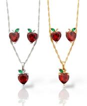 Conjunto infantil maçã cravejada - banhado a Prata / Ouro 18k Banho:Prata
