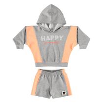 Conjunto Infantil Marlan Blusão Com Capuz e Shorts em Moletom Felpado Happy Menina