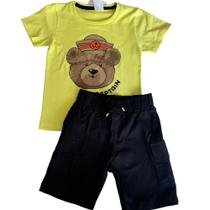 Conjunto Infantil Masculino Camiseta Em Algodão Ursinho E Bermuda Em Sarja Leve 6817