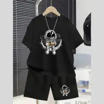 Conjunto Infantil Masculino Estampa Astronauta Lanche 369 Camiseta + Short de Moletinho Menino