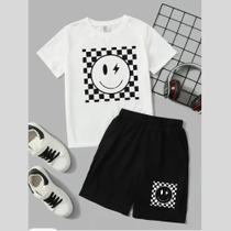 Conjunto Infantil Masculino Estampa Carinha Xadrez 376 Modinha Look Passeio Escola Família Presente