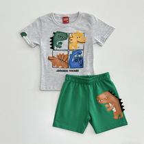 Conjunto Infantil Masculino Kyly Cinza Camiseta Dinossauros Jurassic Friends Bermuda Verde Menino Moda Kids