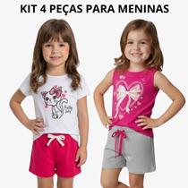 Conjunto Infantil Menina 4 Peças Verão 2 Blusas + 2 Shorts Casual Looks Estilosos e Confortáveis