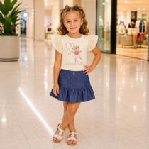 Conjunto Infantil Menina Angerô Blusa Canelada c/ Strass e Short Saia Denim -