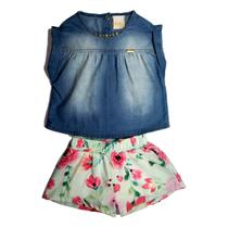 Conjunto Infantil Menina Bata Jeans Claro com Shorts Estampado