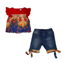 Conjunto Infantil menina Bermuda Jeans E Blusa Viscose