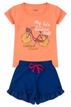 Conjunto Infantil Menina - Bicicleta - Salmão e Azul Royal