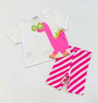 Conjunto Infantil Menina Bimbi Blusa Branca Estampada Dinossauro E Shorts Ciclista Pink Listrado Conjunto Infantil Menina Bimbi Blusa Branca Estampada Dinossauro E Shorts Ciclista Pink Listrado