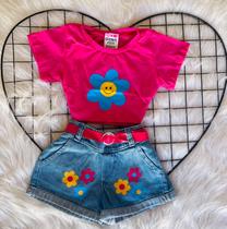 Conjunto infantil menina blogueirinha 3 peças short jeans, blusa e cinto