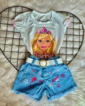 Conjunto infantil menina blogueirinha 3 peças Short jeans Blusa e cinto