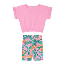Conjunto Infantil Menina, Blusa Básica MM Rosa Bebê Com Elástico E Ciclista Rosa Flores Conjunto Infantil Menina, Blusa Básica MM Rosa Bebê Com Elástico E Ciclista Rosa Flores