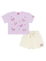 Conjunto Infantil Menina Blusa Boxy E Short Borboletas E Pompom Lilás E Off White Cinti