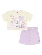 Conjunto Infantil Menina Blusa Boxy Gatinho E Short-Saia Natural E Lilás Cinti Conjunto Infantil Menina Blusa Boxy Gatinho E Short-Saia Natural E Lilás Cinti