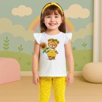 Conjunto Infantil Menina Blusa Branca Com Ursinha e Legging Amarela Floral Kyly 1000990