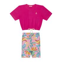 Conjunto Infantil Menina, Blusa Cadarço MM Pink E Ciclista Flores Rosa