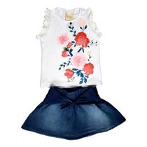 Conjunto Infantil Menina Blusa com Saia-Shorts Jeans