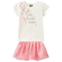 Conjunto Infantil Menina Blusa Cotton e Saia Short Bordada