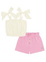 Conjunto Infantil Menina Blusa Cropped Com Laço E Short Natural E Rosa Cinti