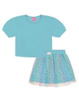 Conjunto Infantil Menina Blusa Cropped E Saia Em Tule Azul Cinti