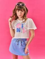 Conjunto Infantil Menina Blusa Cropped E Short-Saia Natural E Azul Cinti