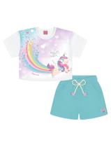 Conjunto Infantil Menina Blusa Cropped E Short Unicórnio Branco E Azul Cinti