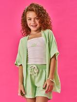 Conjunto Infantil Menina Blusa Cropped, Short E Kimono Natural E Verde Cinti