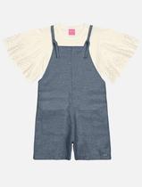 Conjunto Infantil Menina Blusa E Jardineira Sarja Azul Jeans Médio Mundo Cinti