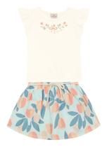 Conjunto Infantil Menina Blusa e Saia Shorts Bordado Floral Off White Feminino Brandili