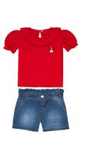 Conjunto Infantil Menina Blusa e Short Jeans Vermelho Aconchego Conjunto Infantil Menina Blusa e Short Jeans Vermelho Aconchego