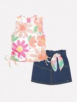 Conjunto Infantil Menina Blusa Floral, Short-Saia E Lenço Laranja Mundo Cinti Conjunto Infantil Menina Blusa Floral, Short-Saia E Lenço Laranja Mundo Cinti