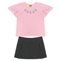 Conjunto Infantil Menina Blusa Manga Flare Shorts Saia Com Prega Rosa