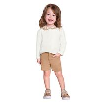 Conjunto Infantil Menina Blusa Manga Longa Com Gola Bordada Off White e Shorts Rose Milon