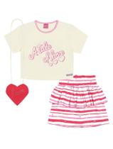 Conjunto Infantil Menina Blusa, Saia-Short E Bolsa Coração Natural E Rosa Cinti