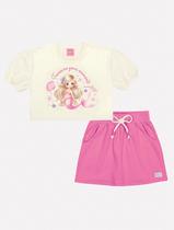 Conjunto Infantil Menina Blusa Sereia E Short-Saia Natural E Rosa Mundo Cinti Conjunto Infantil Menina Blusa Sereia E Short-Saia Natural E Rosa Mundo Cinti