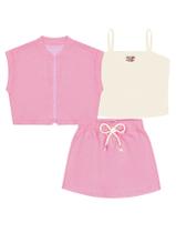 Conjunto Infantil Menina Blusa, Short-Saia E Colete Natural E Rosa Cinti