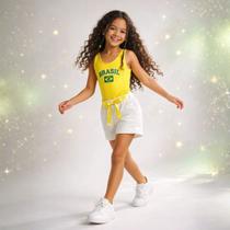 Conjunto Infantil Menina Brasil Copa Body e Shorts Azul Branco Verde Amarelo Conjunto Infantil Menina Brasil Copa Body e Shorts Azul Branco Verde Amarelo