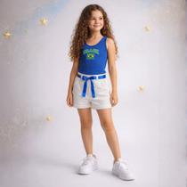 Conjunto Infantil Menina Brasil Copa Body e Shorts Azul Branco Verde Amarelo Conjunto Infantil Menina Brasil Copa Body e Shorts Azul Branco Verde Amarelo