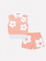 Conjunto Infantil Menina Camisa, Colete E Short Flor Laranja Neon Mundo Cinti